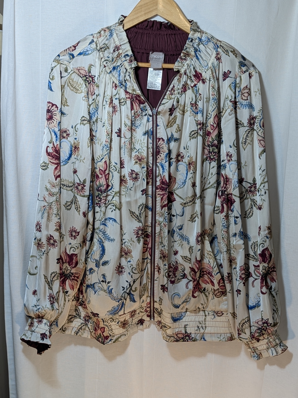 Chico's Floral Zip-Front Cream Blouse Jacket - Burgundy Trim